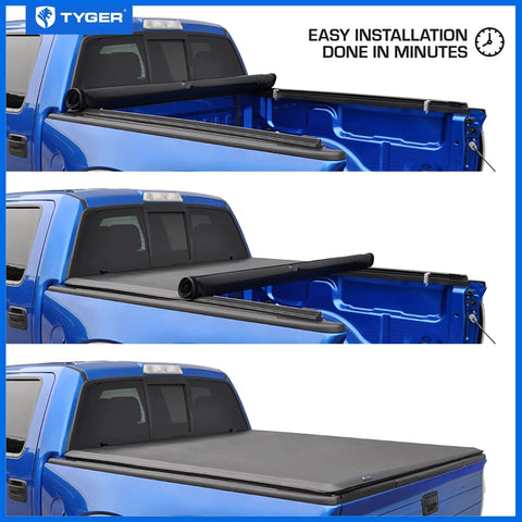 Soft Roll-Up Tonneau Cover for Ram 1500 2019 to 2026 installation, T1 Style, fits 5 foot 7 inch bed, shown in stages on blue truck