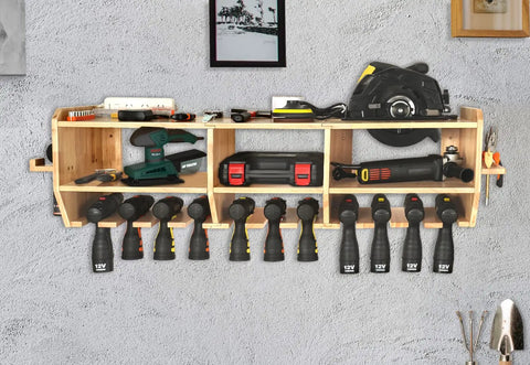 Heavy Duty Power Tool Organizer And Drill Charging Station With 12 Slots Wall Mount Storage with tools on concrete wall.