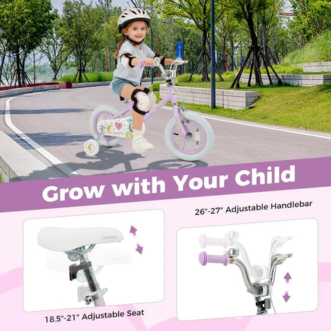 Child riding Kids 12 Inch Bike For Girls And Boys Ages 3 To 8 Training Wheels Coaster Brake Height Adjustable Handlebar And Seat Purple Color Easy To Ride Built To Grow With Your Kid on a path, featuring adjustable seat and handlebar details.