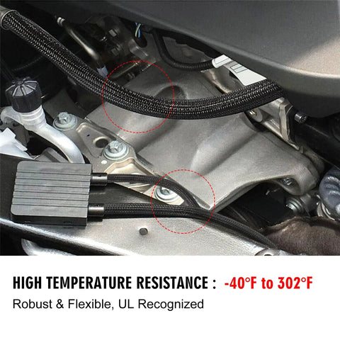 No Sweat 10 Foot 1/2 Inch Black Cable Sleeve Split Wire Loom Tubing used for protecting wires in an engine compartment.