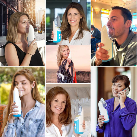 Collage of people using Premium Value Pack Handheld Ultrapure Instant Steam Inhaler for Sinus Relief and Respiratory Comfort