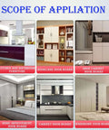 HQHAOTWU hinge-boring tool collage showing 6 cabinet and furniture door boards including kitchen, bookcase, shoe cabinet, and wardrobe