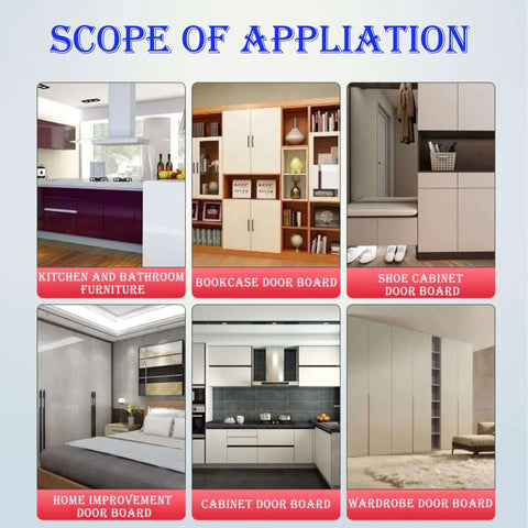 HQHAOTWU hinge-boring tool collage showing 6 cabinet and furniture door boards including kitchen, bookcase, shoe cabinet, and wardrobe