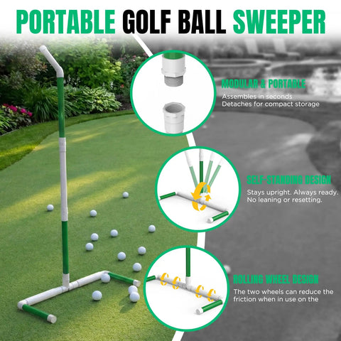 Portable Golf Ball Sweeper With Self Standing No Bend Design Modular PVC Ball Collector And Picker Upper For Golf Pickleball And Badminton Practice Back Friendly Ball Pickup Easy Stand Quick Cleanup on grass with scattered balls
