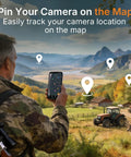 Hunter using smartphone app to locate E6 WiFi Trail Camera Non Cellular With External Antenna; scenic mountain landscape.
