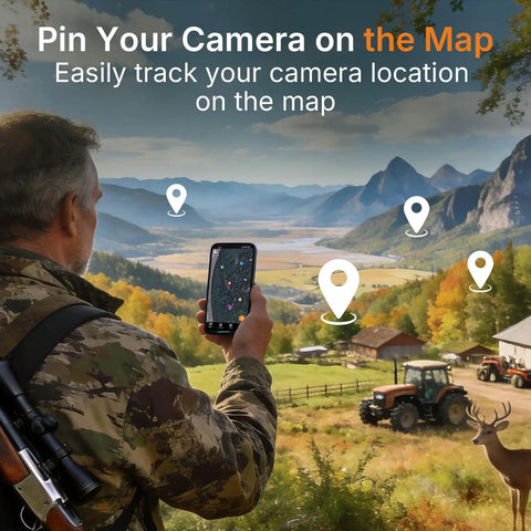 Hunter using smartphone app to locate E6 WiFi Trail Camera Non Cellular With External Antenna; scenic mountain landscape.