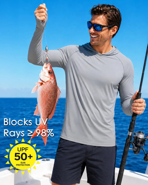 Man fishing wearing Men's Hooded Rash Guard Long Sleeve UPF 50 Plus Sun Protection For Fishing And Beach Wear Quick Dry Shirt Gray XL