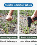 18 Inch Beefy Heavy Duty Ground Anchors Screw In Kit, manual and power drill installation options shown in use.
