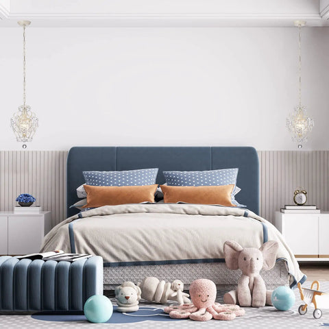 Bedroom with Glam Crystal Mini Chandelier with Ivory Hardware, soft glow one light ceiling fixture above a styled bed.