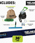 Components of Roller Adventure Slackline Kit For Kids 36 Ft With Ninja Course Attachment And T Bar Ride shown include.