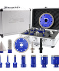 Heavy Duty Diamond Tile Drill Bit Kit Packaged With Twelve Premium Porcelain Hole Saws inside a sturdy toolbox for DIY and professional use.