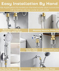 2 Pack Brass Sediment Filter Reusable Washing Machine Water Filter 50 Micron Anti Scale Anti Rust Mud Sand Traps Yellow Mini shown in various installation setups.