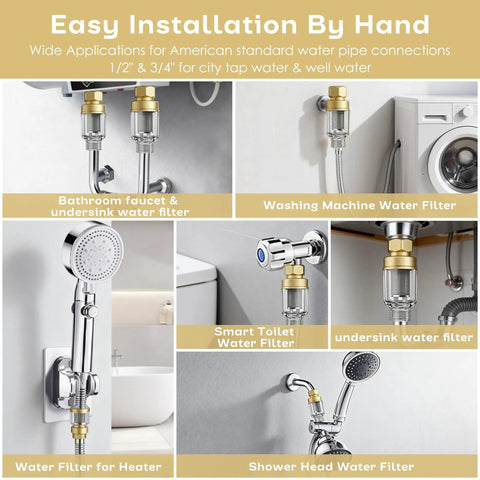 2 Pack Brass Sediment Filter Reusable Washing Machine Water Filter 50 Micron Anti Scale Anti Rust Mud Sand Traps Yellow Mini shown in various installation setups.