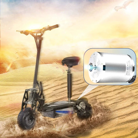 Beefy 2000W 60V High Speed Brushless DC Mid Motor Kit with 4250RPM shown in a desert setting with e-scooter