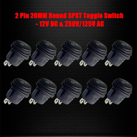 Waterproof Round Rocker Switches On Off 12V DC 20A And 125V And 250V AC SPST 20 Millimeter Round Toggle Pack Of 10