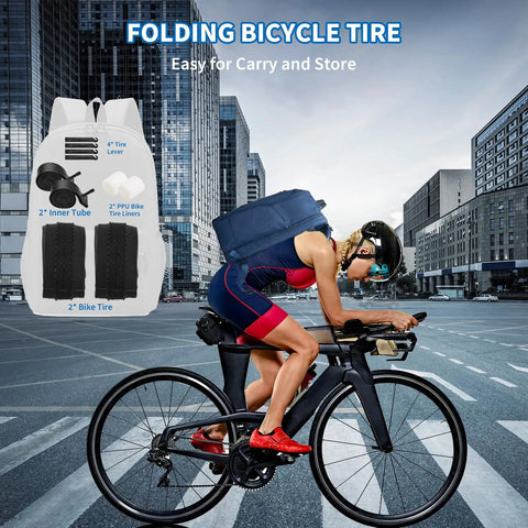 Cyclist on sleek bike with Foldable Mountain Bike Tire Twin Pack 24x1.95 And 26x1.95 Replacement Tires on city street.