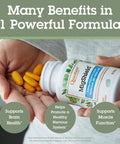 MigShield Magnesium Supplement With Riboflavin And CoQ10 60 Tablets For That Daily Energy Boost And Total Body Wellness From A Magnesium Oxide And Citrate Blend bottle with tablets in hand