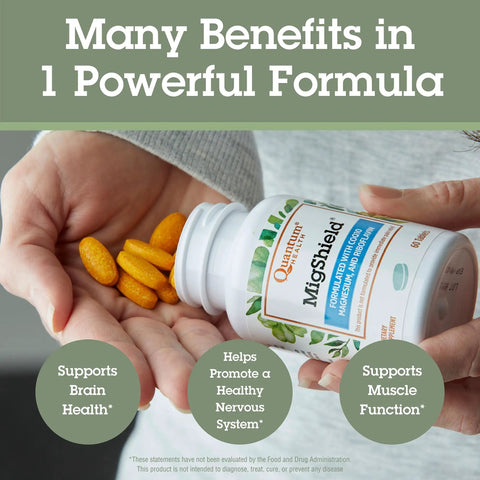 MigShield Magnesium Supplement With Riboflavin And CoQ10 60 Tablets For That Daily Energy Boost And Total Body Wellness From A Magnesium Oxide And Citrate Blend bottle with tablets in hand