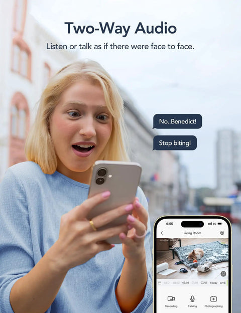 Woman using 2K Indoor Security Cam Bundle 4-Pack, viewing two-way audio feature on smartphone for pet monitoring.