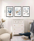 Baby Boy Nursery Wall Art Set Of 3 Vintage Blue Travel Theme Prints For Kids Room 12x16 Inch Wood Framed Hot Air Balloon Plane Helicopter
