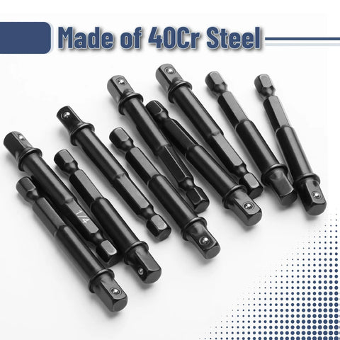 Heavy Duty Impact Square Socket Adapter Set, 10 Piece, 1/4 Inch Square Tip, Hex Shank, Black Chrome Vanadium Steel on white background