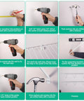 Step-by-step guide images for installing 2 Pack Wall Mounted Closet Shelves 4 Foot X 12 Inch Steel Wire Shelving Kit.