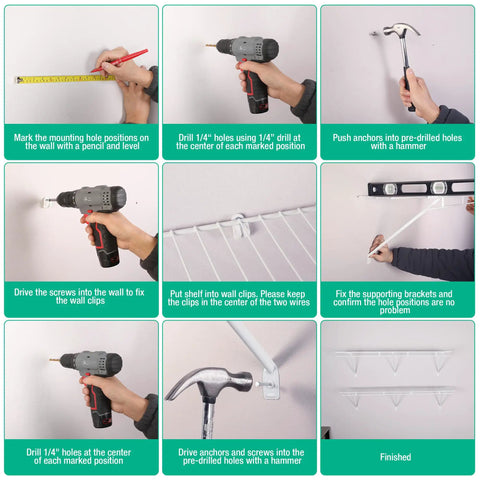 Step-by-step guide images for installing 2 Pack Wall Mounted Closet Shelves 4 Foot X 12 Inch Steel Wire Shelving Kit.
