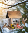 Country House Shaped Bird Feeder Built To Last Heavy Duty Metal Bird Feeder For Outdoor Hanging Weatherproof Large Capacity Wild Bird Feeder For Garden Yard Patio Decor hanging from a tree with birds feeding