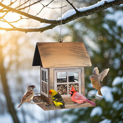 Country House Shaped Bird Feeder Built To Last Heavy Duty Metal Bird Feeder For Outdoor Hanging Weatherproof Large Capacity Wild Bird Feeder For Garden Yard Patio Decor hanging from a tree with birds feeding