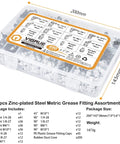 Front view of VIGRUE 490-piece zinc-plated grease fittings assortment kit in clear plastic storage box