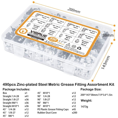 Front view of VIGRUE 490-piece zinc-plated grease fittings assortment kit in clear plastic storage box