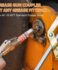 Mini Grease Gun Kit For 3 Oz Tubes With 3000 PSI Pistol Grip Lube Gun And Half Inch Coupler With Needle Nozzles in use