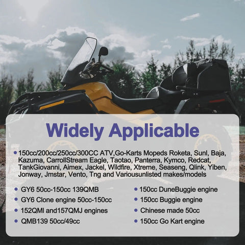 Side view of a yellow ATV with versatility list, highlighting Six Pin AC CDI Box for GY6 50cc 125cc 150cc scooters ATVs.