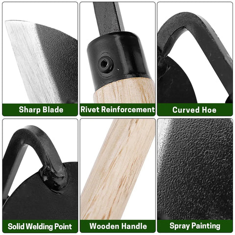 Detailed view of Garden Weeding Sickle Hand Hoe with sharp blade, rivet reinforcement, curved hoe, and wooden handle features.