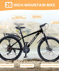 26 Inch Kids Mountain Bike With 21 Speed Drivetrain Front Suspension Fork Dual Disc Brakes Rear Rack Carbon Steel Black