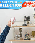 Clear Baseball Holder Stand 1.96 Inch Acrylic Display Stand For Baseballs Softballs Golf Balls Tennis Balls And Small Collectible Balls Perfect Desk Shelf Decor shown on shelf with trophies and collectibles