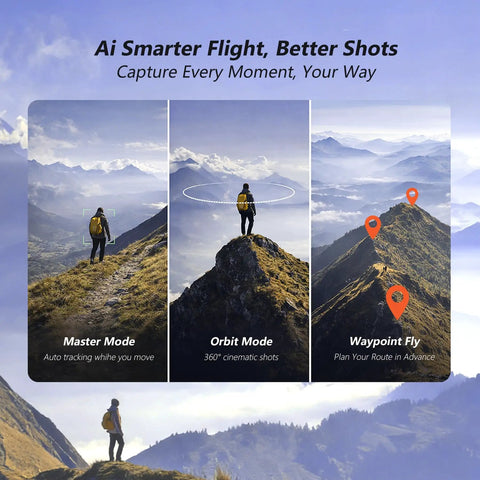 GPS Drone With 4K Camera And 3 Axis Gimbal For Ultra Smooth Footage showing AI flight modes on 10000ft range mountain view