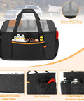 Camping Gear Organizer Set With Three Packing Cubes And One Mesh Pocket In A Handy Carrying Bag, 45L 5 In One Travel Storage With Transparent Window For Car Trunk featuring side pockets and PVC top.