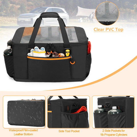 Camping Gear Organizer Set With Three Packing Cubes And One Mesh Pocket In A Handy Carrying Bag, 45L 5 In One Travel Storage With Transparent Window For Car Trunk featuring side pockets and PVC top.
