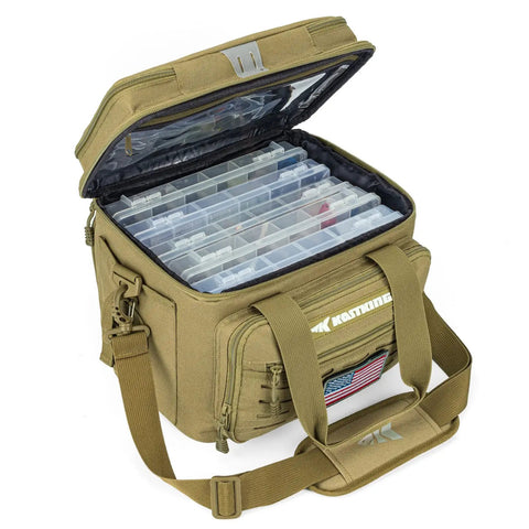 Medium Water Resistant Tackle Bag For Saltwater Or Freshwater Fishing Gear Storage Holds Up To Six 3600 Lure Boxes Open View