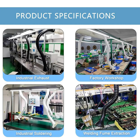 Tough As Nails Flexible Fume Extraction Arm With Heavy Duty Dust Collection Hood and Snappy Articulated Hose in factory workshop setup.