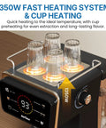 Real Deal Espresso And Americano Machine With Snappy Touchscreen Controls showing 1350W fast heating system and cup heating.