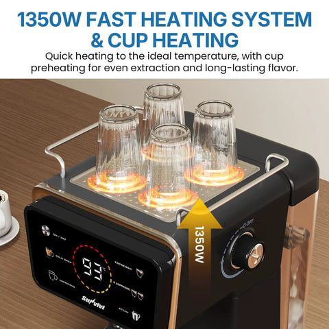 Real Deal Espresso And Americano Machine With Snappy Touchscreen Controls showing 1350W fast heating system and cup heating.