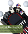 Ultimate Golf Valuables Pouch and Ball Bag organizing tees, markers, and gadgets, attached to golf bag, multiple pockets, holds 25 balls.