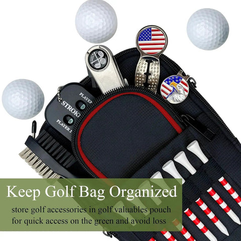 Ultimate Golf Valuables Pouch and Ball Bag organizing tees, markers, and gadgets, attached to golf bag, multiple pockets, holds 25 balls.