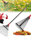 Adjustable Metal Leaf Rake With 18 Tines And 9 To 18 Inch Expandable Head 76 Inch Long Handle Yard Rake For Leaves Grass Clippings And Pine Needles Lightweight Garden Rake For Lawns All In One Go To Tool shown on a lawn with leaves