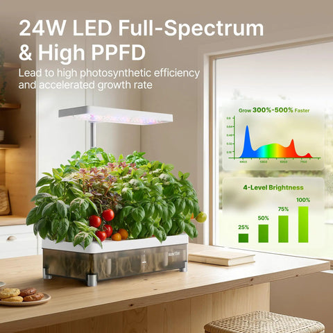 Indoor Hydroponics Growing System Kit With 13 Pods Dimmable Grow Light Four Liter Visible Water Tank on kitchen table