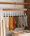 Straight Up Sturdy Wooden Closet Organizer Pack With Heavy Duty Metal Hanging Clips For Maxing Out Vertical Wardrobe Space And Ditching Daily Clutter, colorful socks hanging on clips.