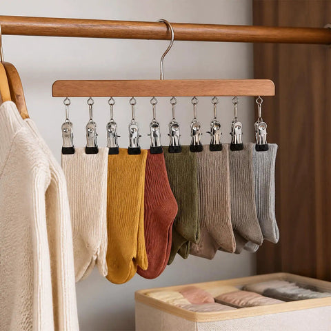 Straight Up Sturdy Wooden Closet Organizer Pack With Heavy Duty Metal Hanging Clips For Maxing Out Vertical Wardrobe Space And Ditching Daily Clutter, colorful socks hanging on clips.