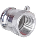 Heavy Duty Aluminum Cam Lock Coupling Type A 1.5 Inch Straight Up Quick Connect Hose Adapter With NPT Female Thread close-up view.